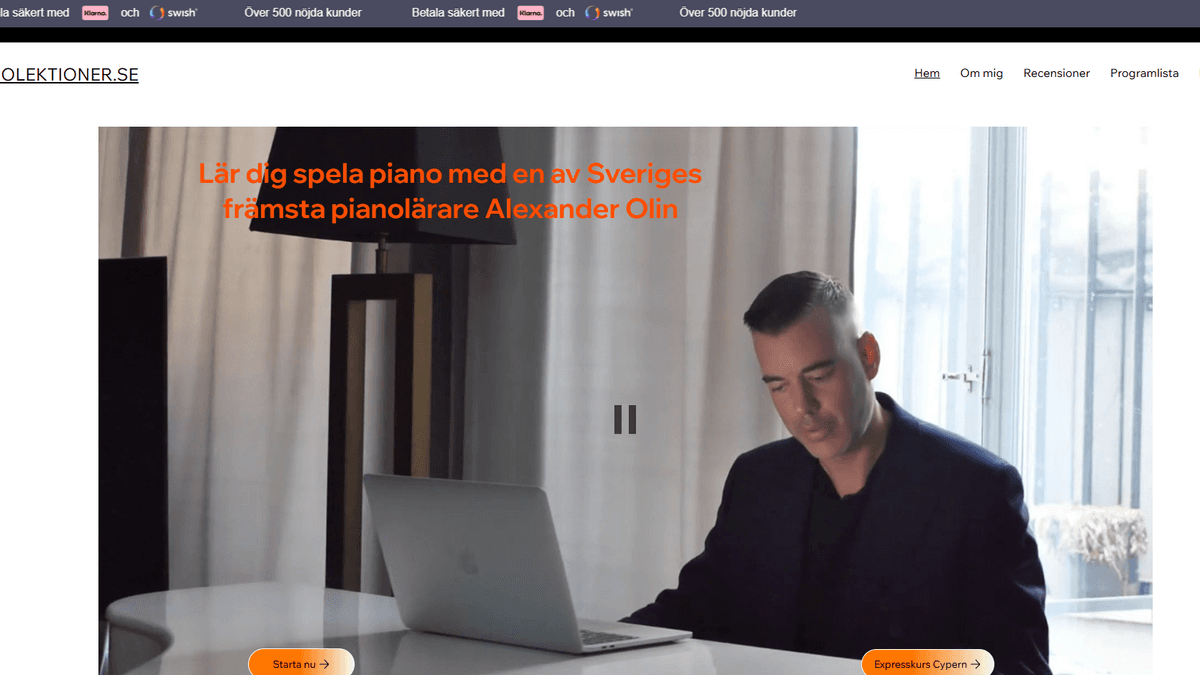 Startsidan för Pianolektioner.se, designad och utvecklad av FOREMP